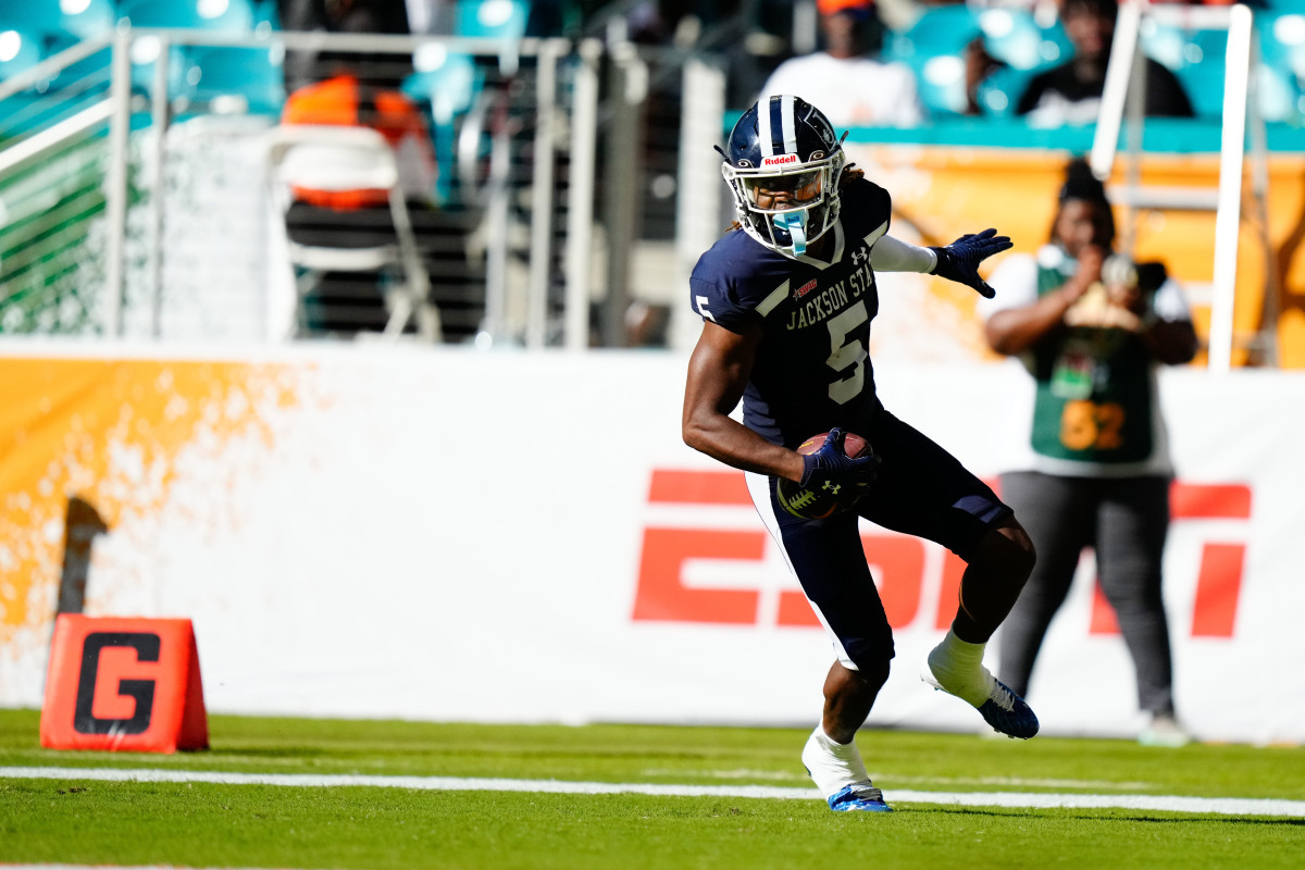 Sep 4, 2022; Miami, Florida, US; Jackson State Tigers wide receiver Shane Hooks (5) scores a touchdown against the Florida A&M Rattlers during the second half at Hard Rock Stadium.