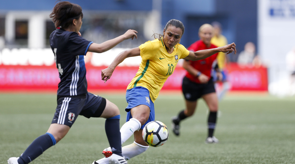 Brazil forward Marta passes against Japan during the SheBelieves Cup.