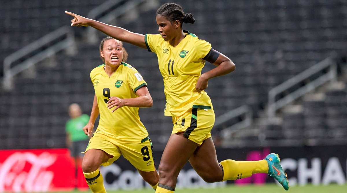 Khadija Shaw celebrates her goal for Jamaica during the Concacaf Womens Championship 2022.