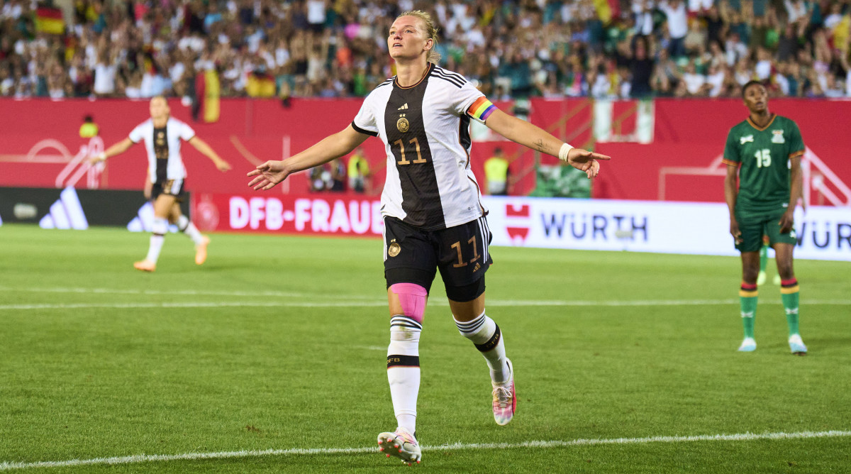 Germany's Alexandra Popp celebrates her goal in a friendly against Zambia.