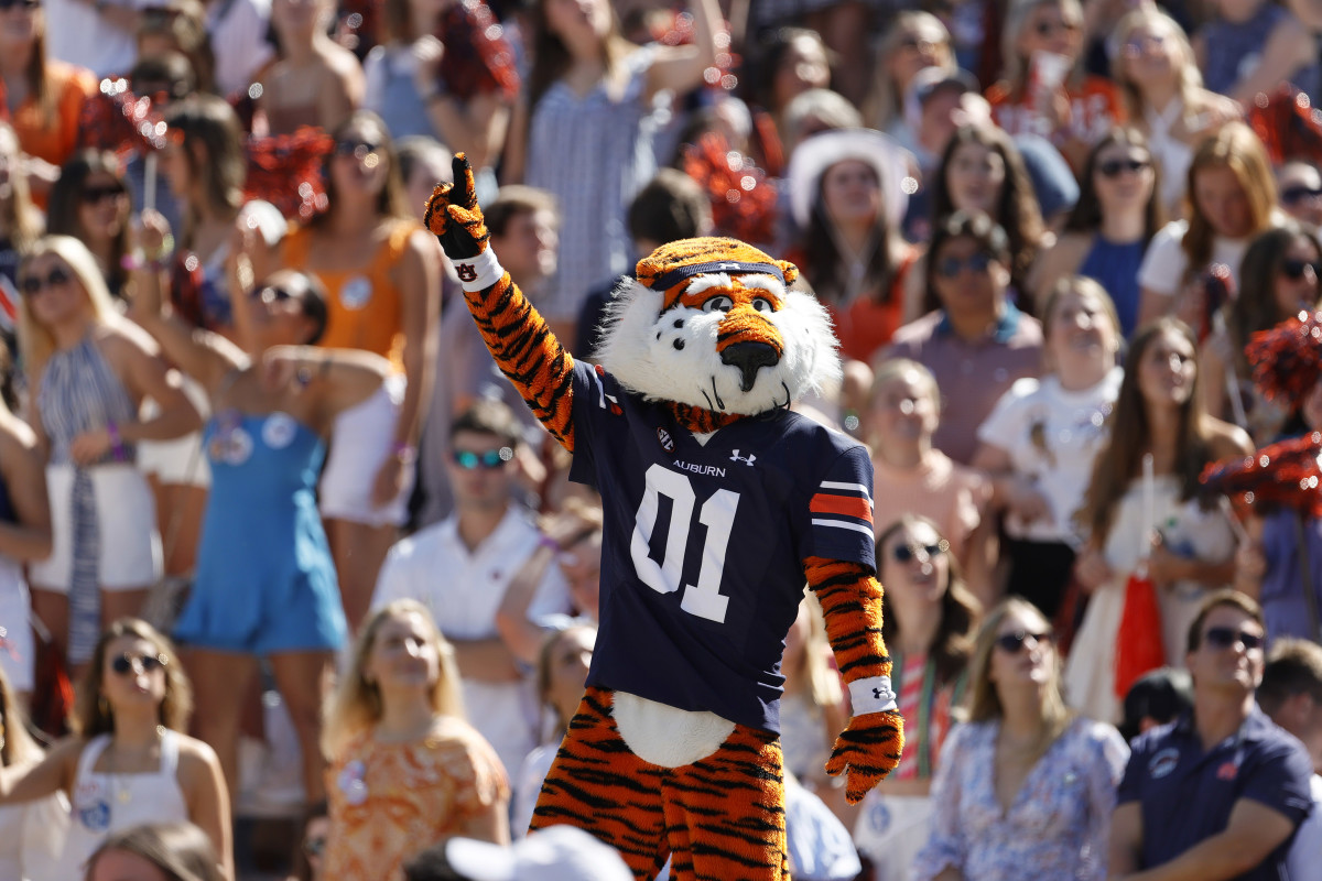 Sep 24, 2022; Auburn, Alabama, USA; Aubie, the Auburn Tigers mascot, leads a cheer before the game against the Missouri Tigers at Jordan-Hare Stadium.