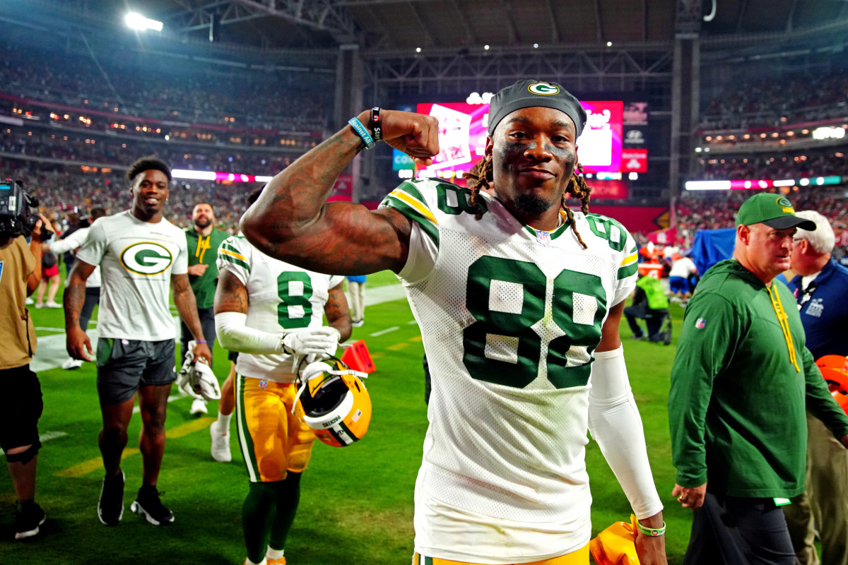 Green Bay Packers wide receiver Juwann Winfree (88) celebrates after the Green Bay Packers beat the Arizona Cardinals at State Farm Stadium.