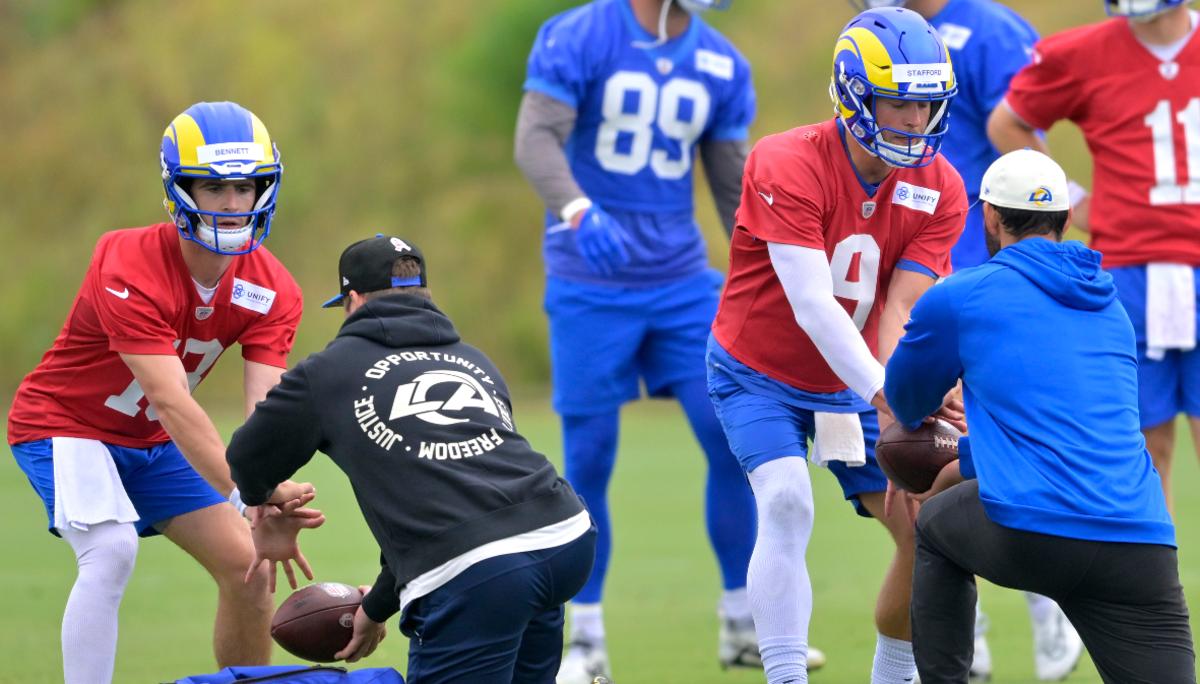 After his option bonus was picked up by the Rams earlier in the offseason, Matthew Stafford (9) will be on the Rams roster at least through 2024, but former Georgia quarterback Stetson Bennett is positioning himself to succeed Stafford as the Rams starting quarterback in the future.