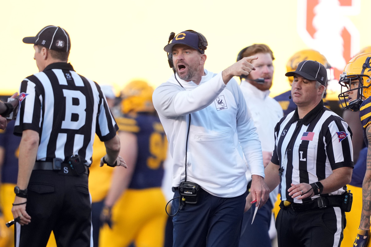 Nov 19, 2022; Berkeley, California, USA; California Golden Bears head coach Justin Wilcox gestures while talking to the referees during the second quarter against the Stanford Cardinal at FTX Field at California Memorial Stadium. Mandatory Credit: Darren Yamashita-USA TODAY Sports