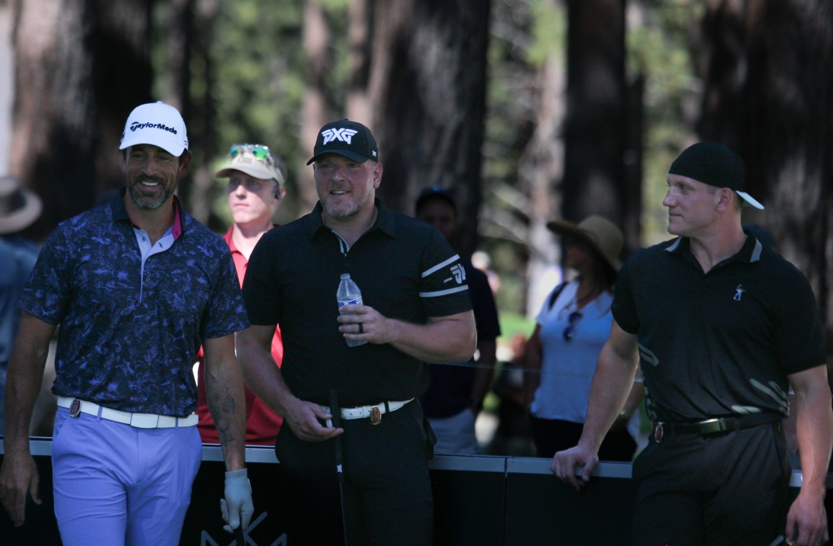 Aaron Rodgers (far left) with former NFL players Pat McAfee and AJ Hawk at 2023 American Century Championship in Lake Tahoe