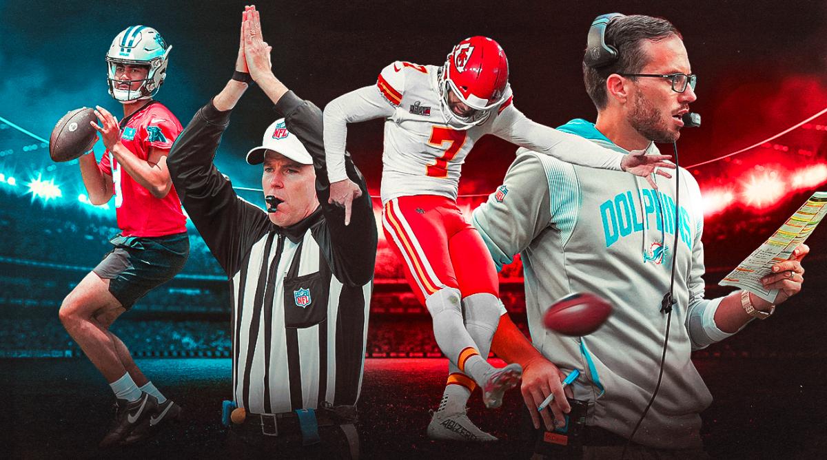 A graphic of Bryce Young in a practice jersey, an NFL ref signaling a safety, Harrison Butker kicking a field goal and Mike McDaniel looking at a play sheet.