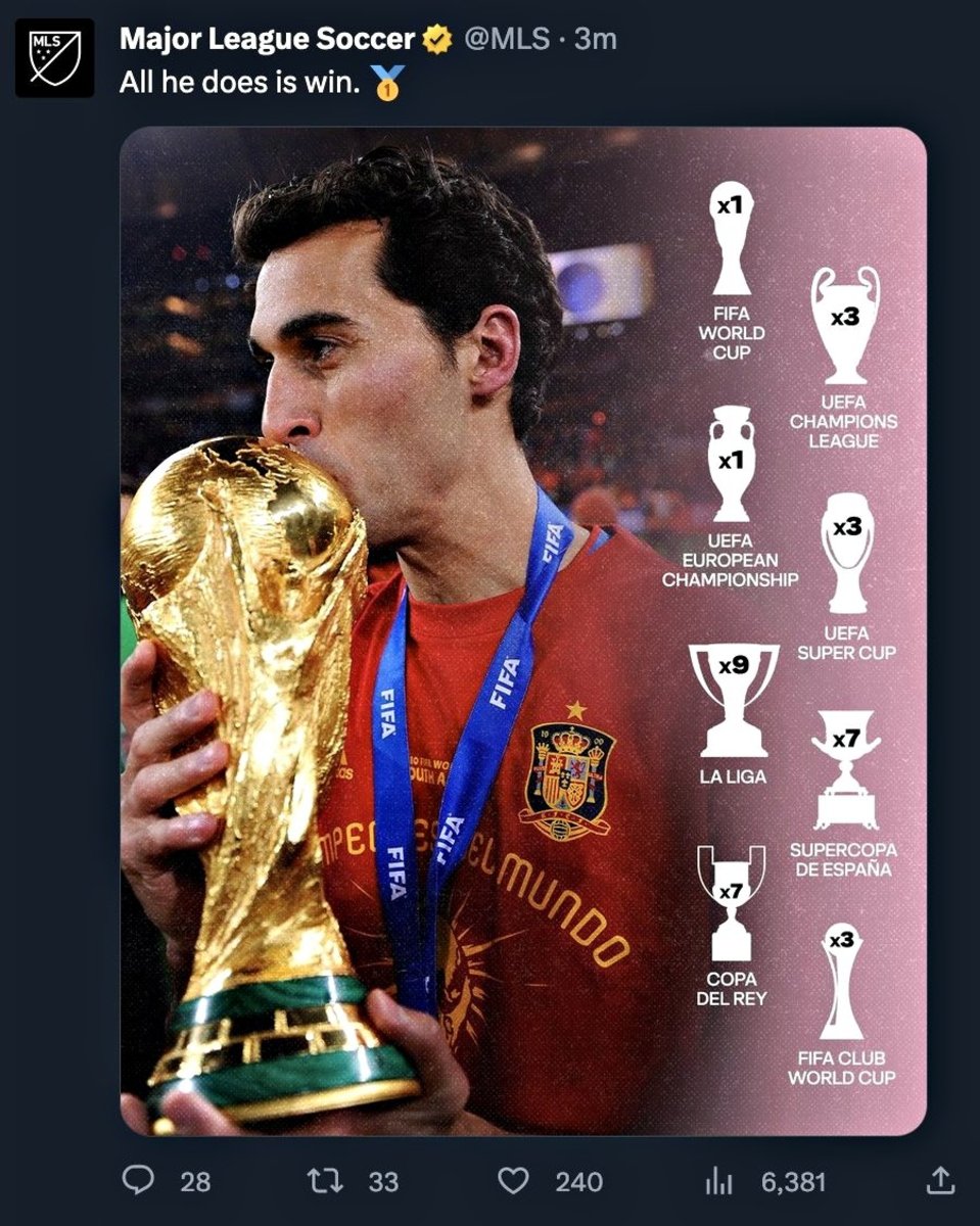 Alvaro Arbeloa pictured kissing the World Cup trophy in 2010 in a photo tweeted by MLS in July 2023 to celebrate Sergio Busquets signing for Inter Miami