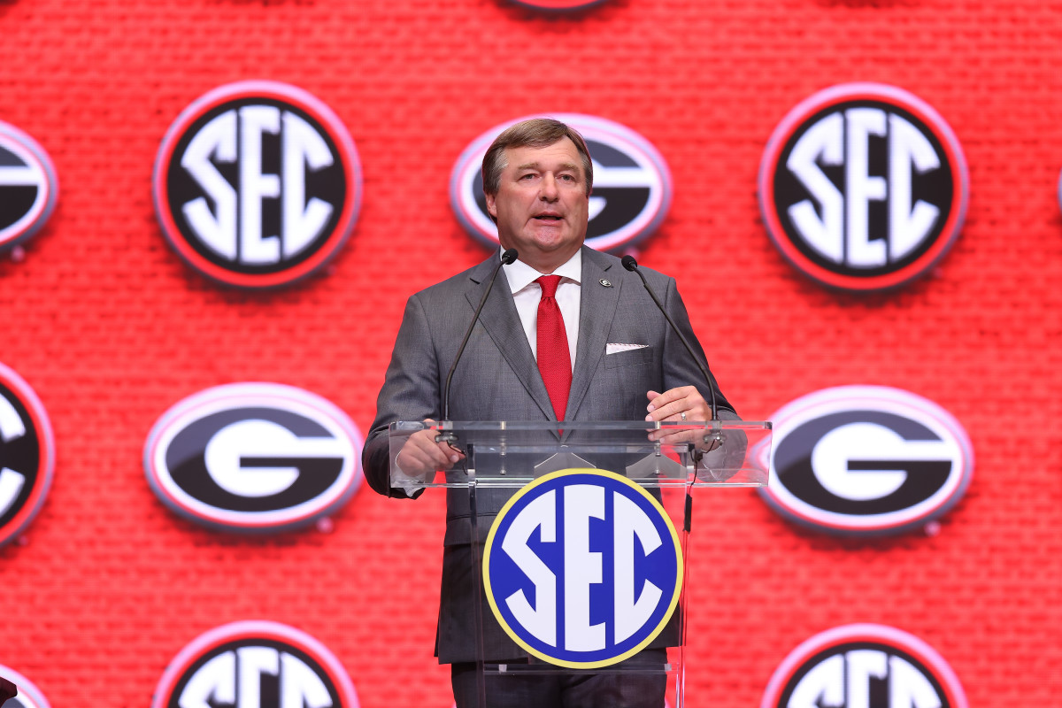 Georgia head coach Kirby Smart speaks at the 2022 SEC media days at the College Football Hall of Fame, Atlanta Georgia , July 20, 2022. (Jimmie Mitchell/SEC)