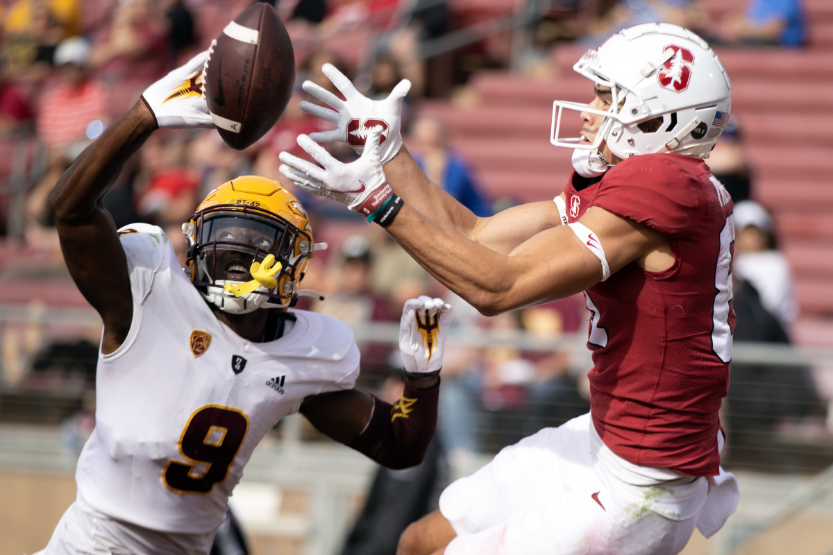 Oct 22, 2022; Stanford, California, USA; Arizona State Sun Devils defensive back Torrence, Ro (9) breaks up a pass in the end zone intended for Stanford Cardinal wide receiver Jayson Raines (82) during the third quarter at Stanford Stadium. Mandatory Credit: D. Ross Cameron-USA TODAY Sports