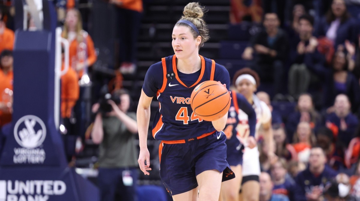 McKenna Dale dribbles the ball down the floor during the Virginia women's basketball game against Virginia Tech at John Paul Jones Arena.