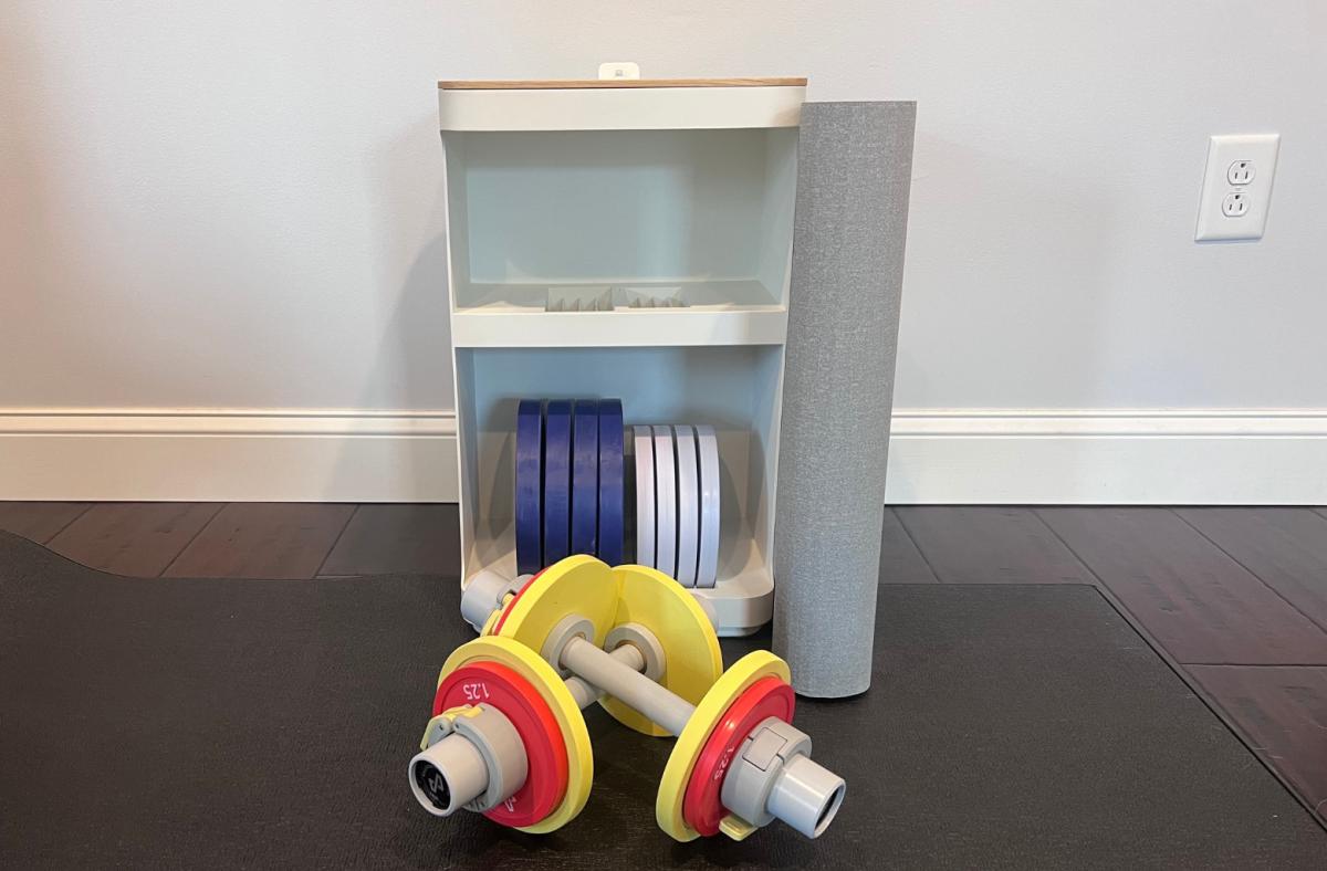 The Tempo Move collection, including a storage shelf, weight plates, a barbell and hand weights.