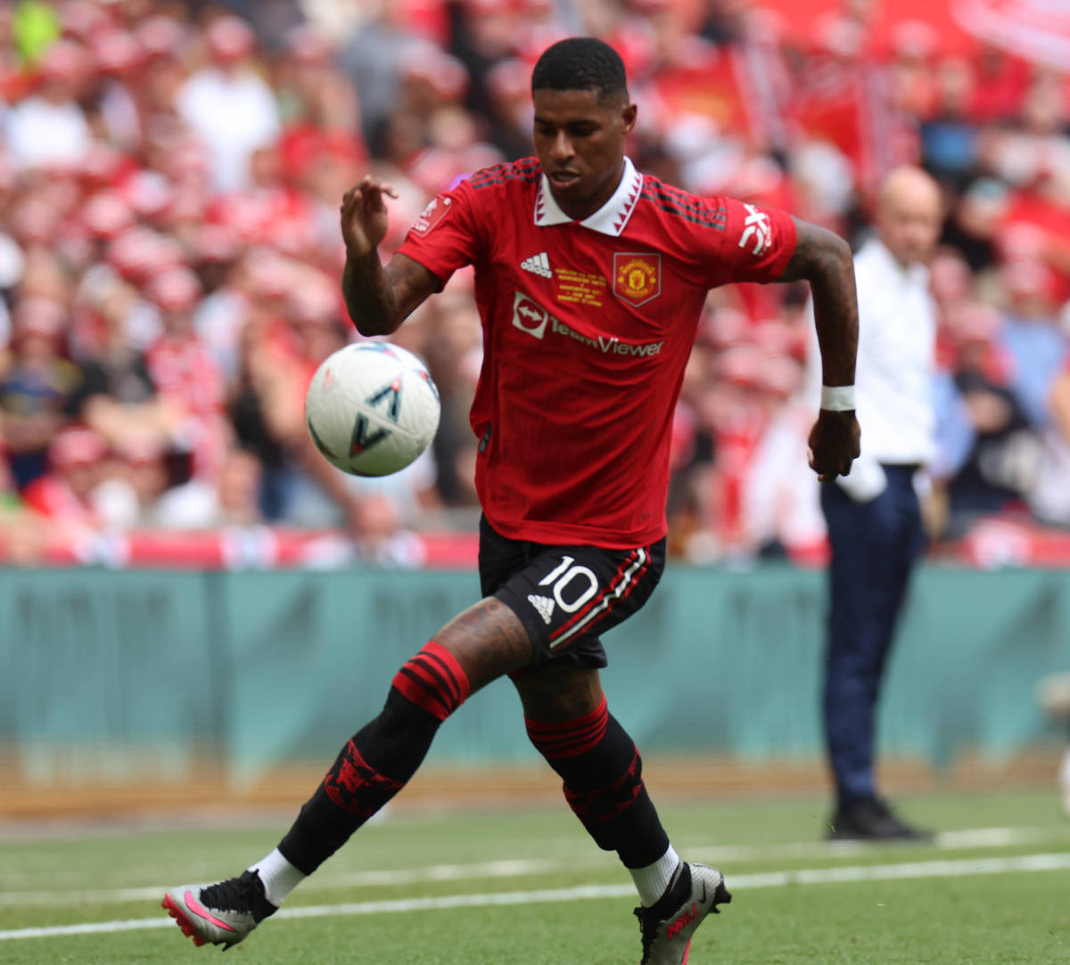 Marcus Rashford pictured playing for Manchester United in the 2023 FA Cup final against Manchester City