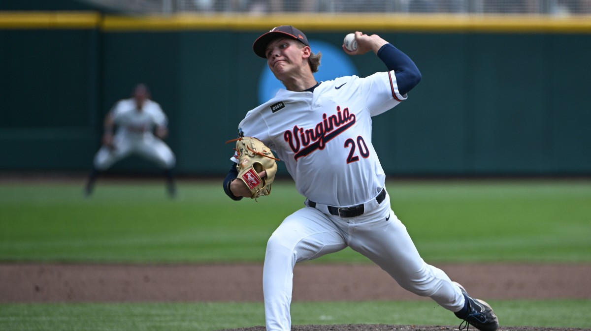 Virginia Cavaliers pitcher Connelly Early (20) throws against the TCU Horned Frogs in the second inning at Charles Schwab Field Omaha.
