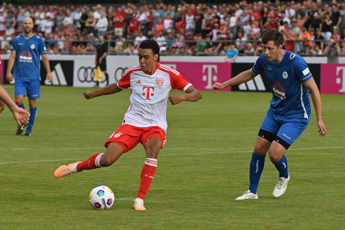 Jamal Musiala pictured scoring one of his five goals during Bayern Munich's 27-0 win over FC Rottach-Egern in a pre-season friendly in July 2023