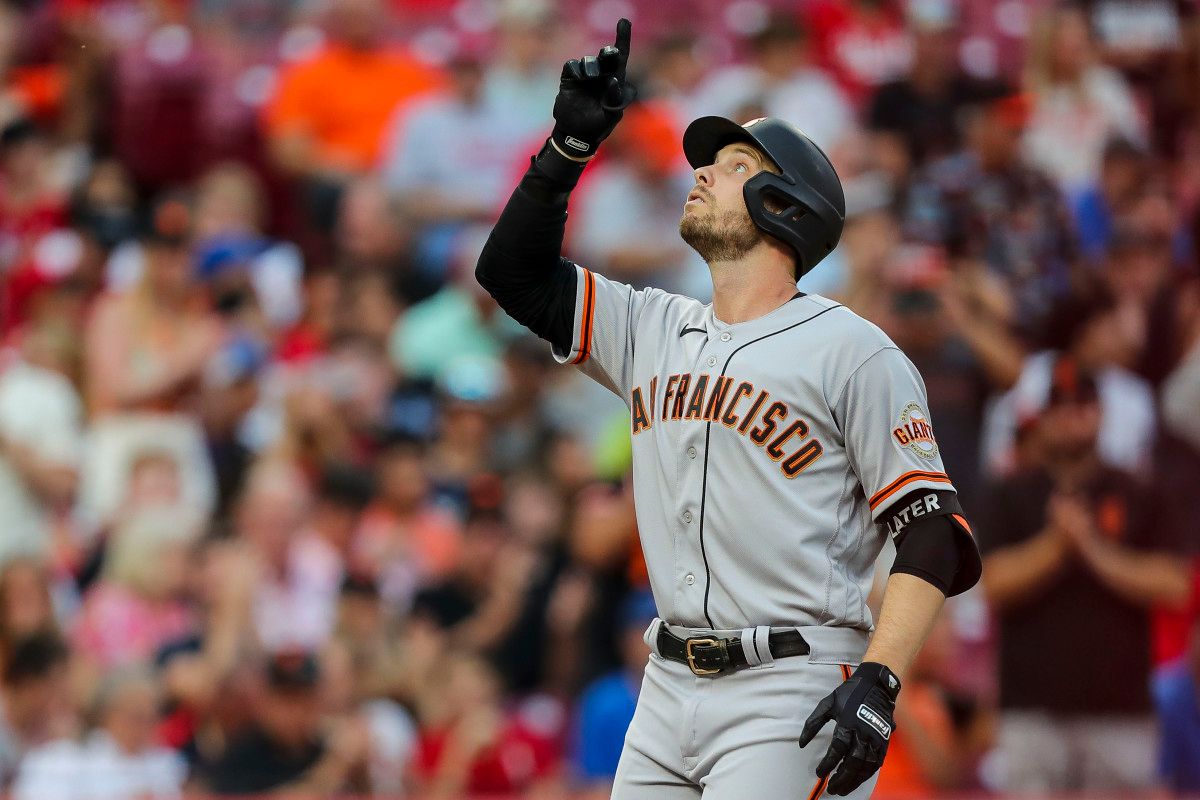 SF Giants catcher Patrick Bailey reacts after hitting a solo home run in the third inning against the Cincinnati Reds on July 17, 2023.