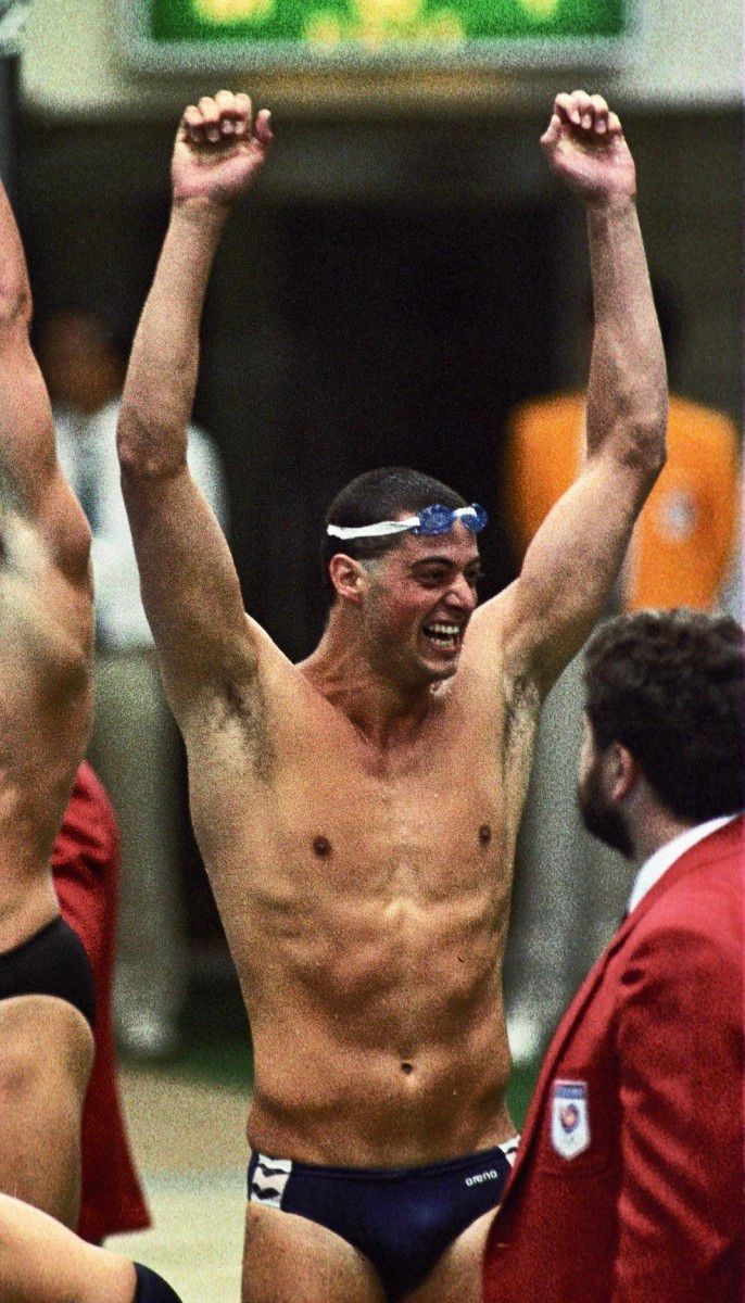 Matt Biondi celebrates a relay victory at the Seoul Olympics