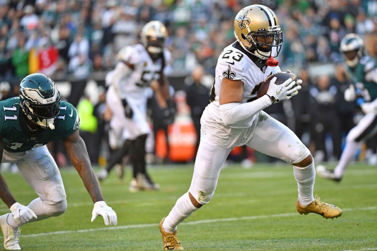 New Orleans Saints cornerback Marshon Lattimore (23) returns an interception for a touchdown against the Philadelphia Eagles. Mandatory Credit: Eric Hartline-USA TODAY Sports