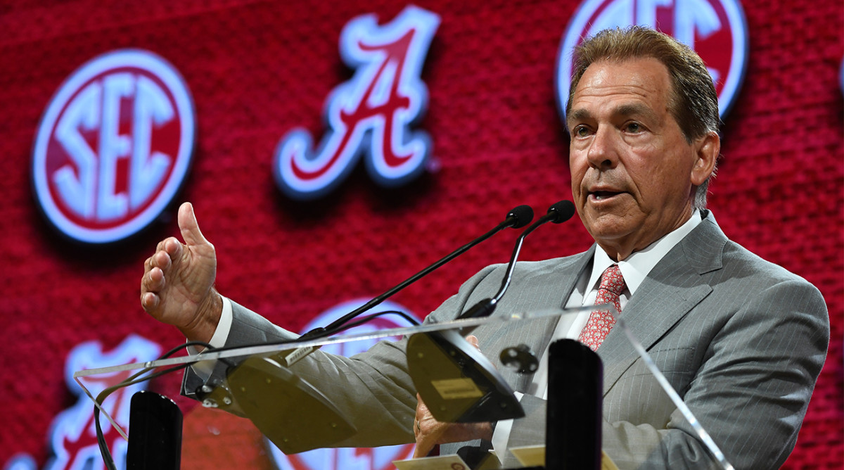 Nick Saban addresses reporters at 2023 SEC Media Days.