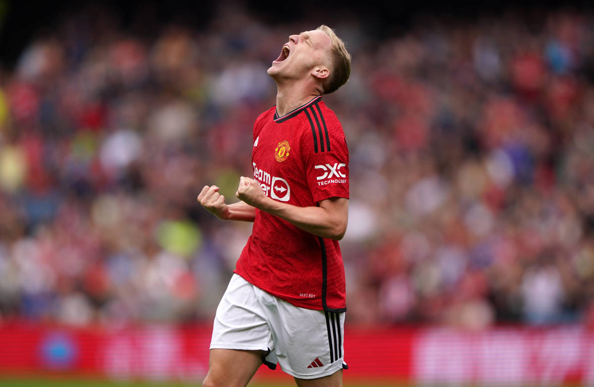 Donny van de Beek pictured celebrating after scoring for Manchester United against Lyon during a pre-season friendly at Murrayfield in July 2023