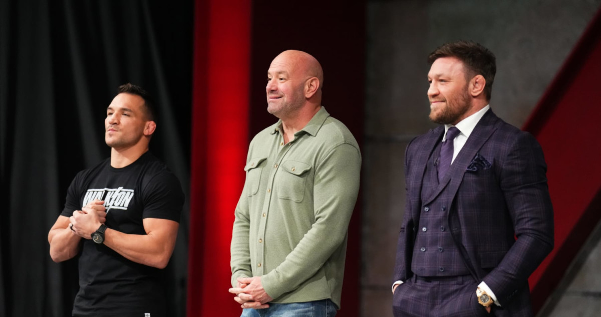 UFC's Michael Chandler, Dana White, and Conor McGregor on the set of "The Ultimate Fighter" season 31.