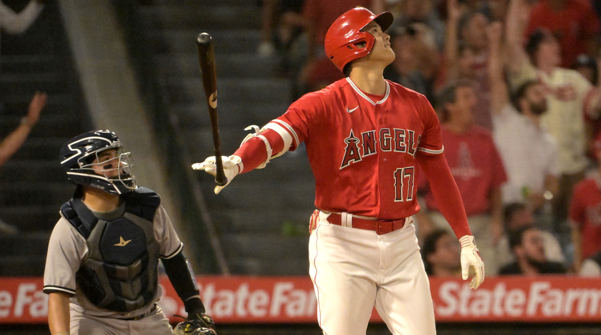 Shohei Ohtani flips his bat after home run vs. Yankees.