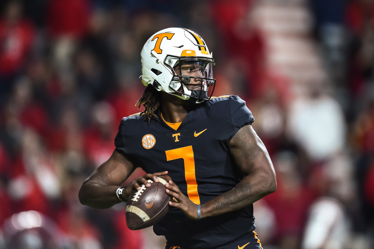 Tennessee QB Joe Milton III during a game against Georgia in Knoxville, Tennessee, on November 13, 2021. (Photo by Bryan Lynn)