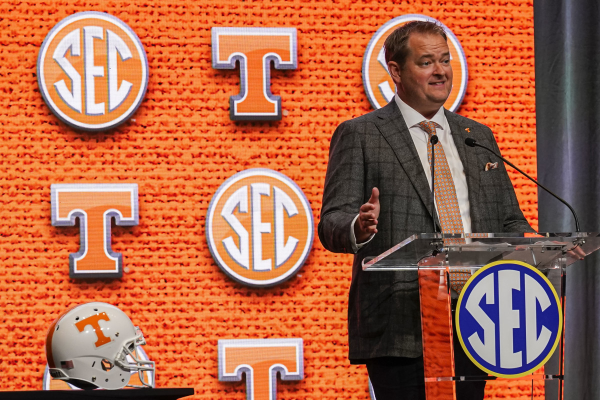 Tennessee HC Josh Heupel during SEC Media Days in Nashville, Tennessee, on July 20, 2023. (Photo by Denny Simmons of The Tennesseean)