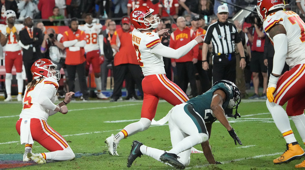 Harrison Butker kicks the game-winning field goal in Super Bowl LVII