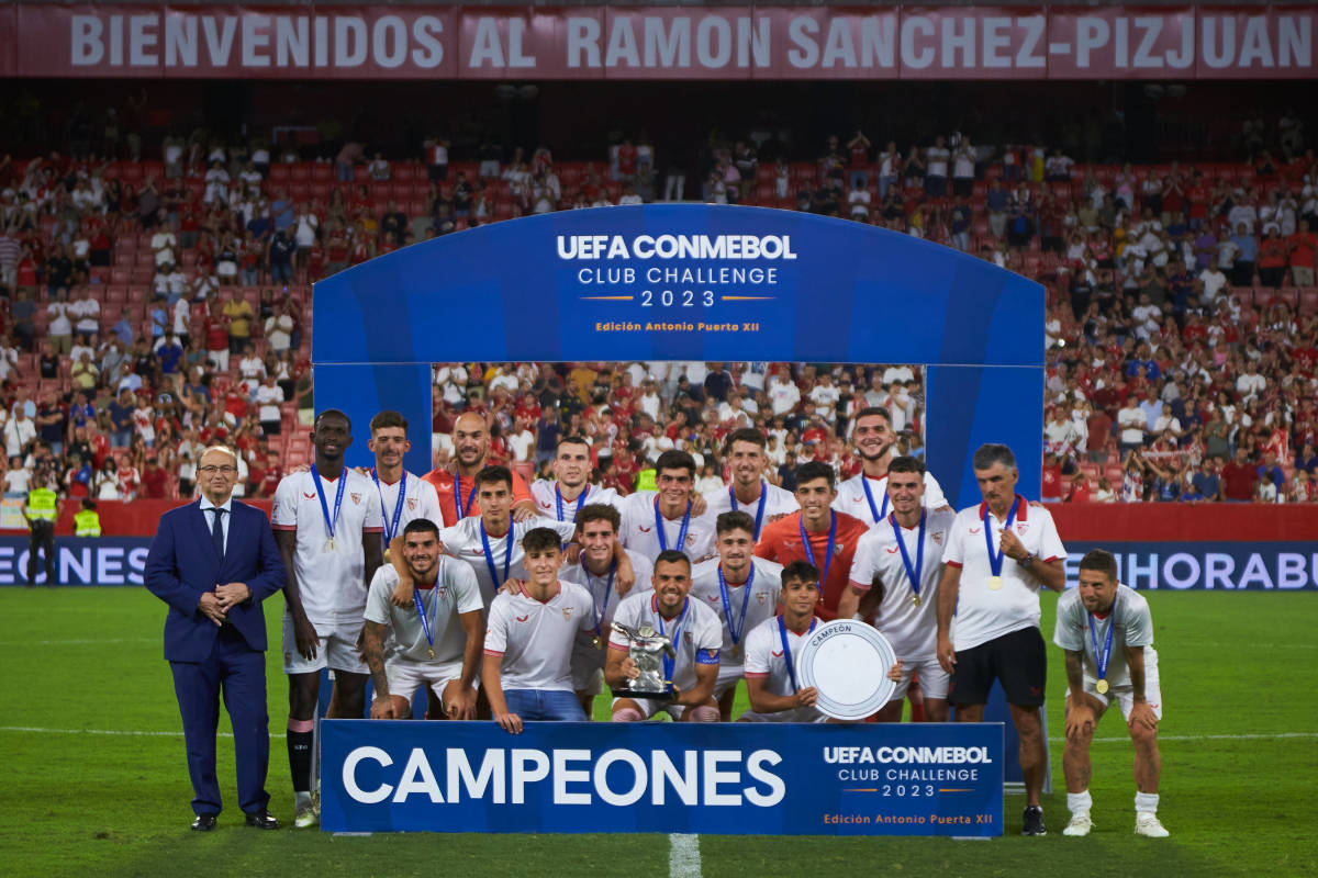The Sevilla team pictured celebrating after winning the first ever edition of the UEFA–CONMEBOL Club Challenge in July 2023