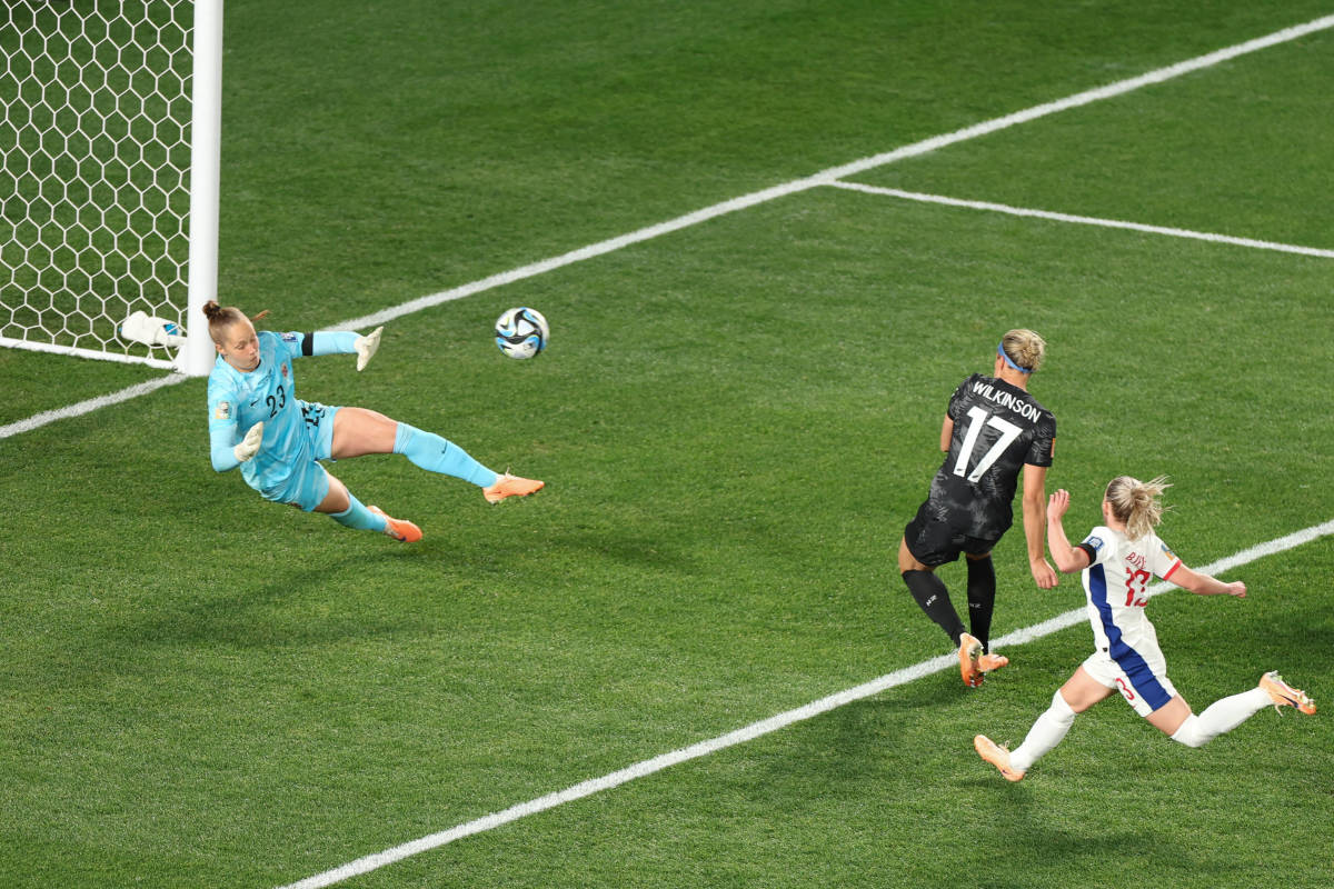 Hannah Wilkinson pictured (center) scoring the first goal of the 2023 FIFA Women's World Cup to help New Zealand beat Norway 1-0 at Eden Park in Auckland