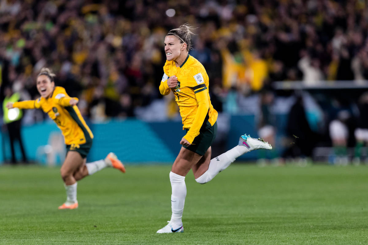 Steph Catley pictured celebrating after scoring for Australia against Ireland at the 2023 FIFA Women's World Cup