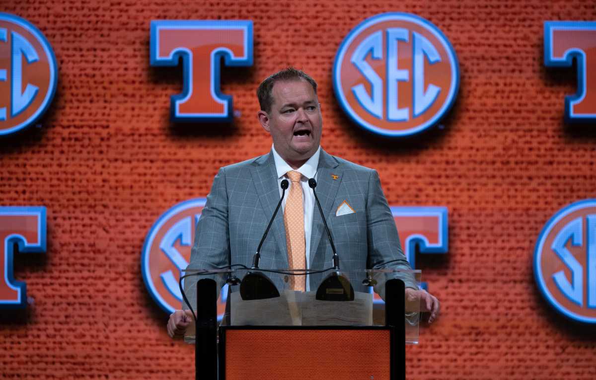 Tennessee HC Josh Heupel during SEC Media Days in Nashville, Tennessee, on July 19, 2023. (Photo by Denny Simmons of The Tennessean)