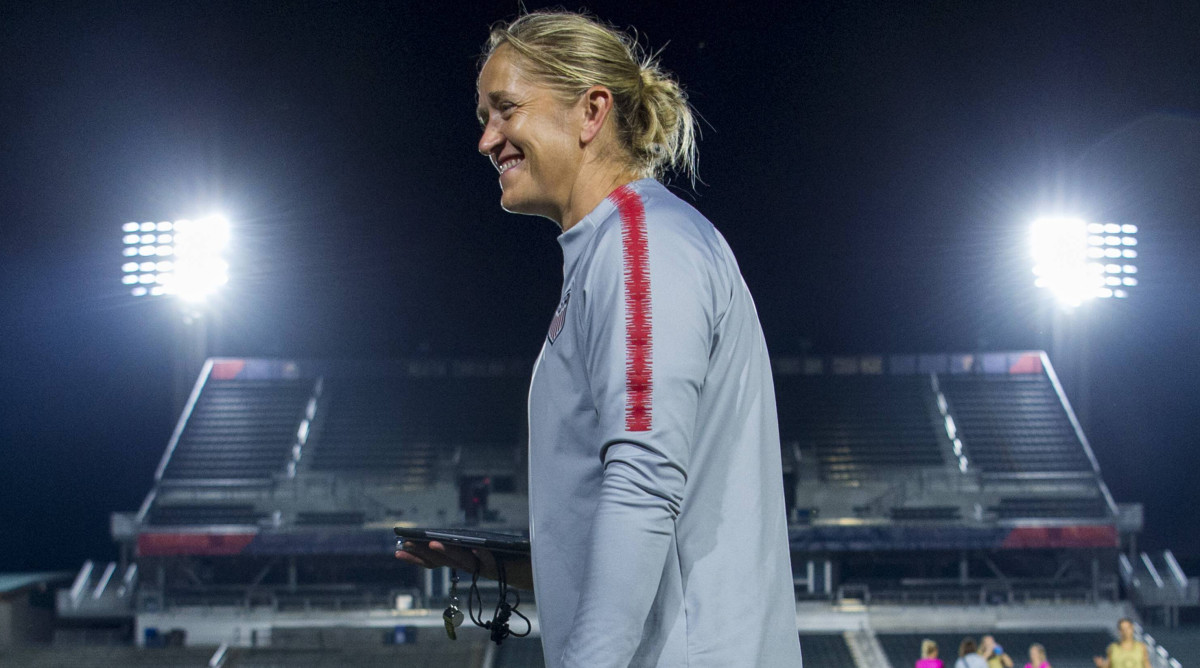 Former USWNT performance coach Dawn Scott smiles on the field as the United States trains in 2018.