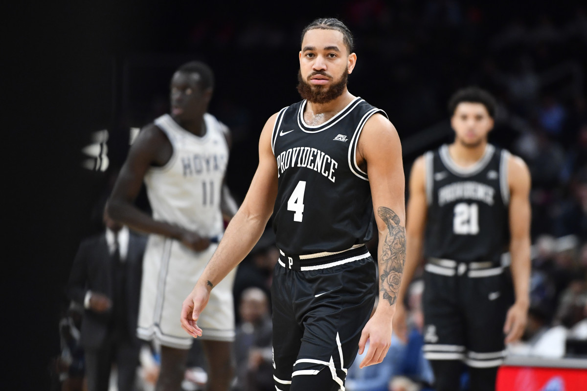 Feb 26, 2023; Washington, District of Columbia, USA; Providence Friars guard Jared Bynum (4) looks on against the Georgetown Hoyas during the first half at Capital One Arena. Mandatory Credit: Brad Mills-USA TODAY Sports