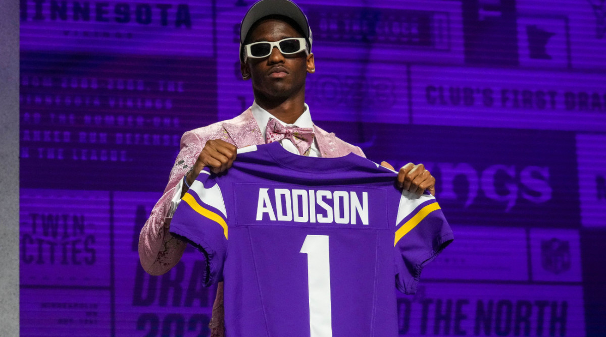 Apr 27, 2023; Kansas City, MO, USA; USC wide receiver Jordan Addison on stage after being selected by the Minnesota Vikings twenty third overall in the first round of the 2023 NFL Draft at Union Station. Mandatory Credit: Kirby Lee-USA TODAY Sports
