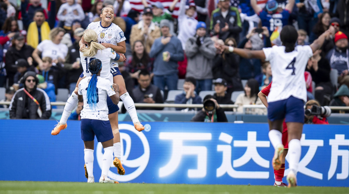 United States forward SOPHIA SMITH celebrates her goal in the first half of the 2023 FIFA Womens World Cup Group E match against Vietnam.