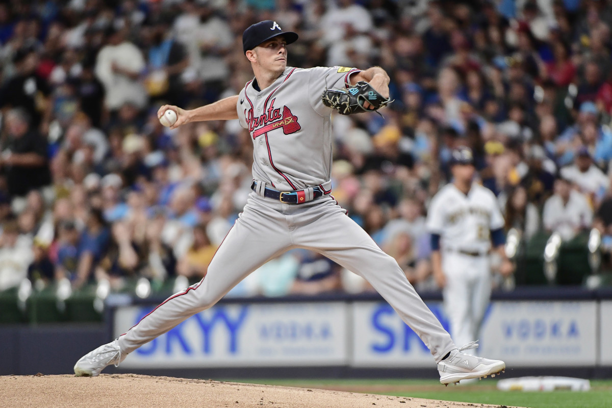 Jul 22, 2023; Milwaukee, Wisconsin, USA; Atlanta Braves pitcher Allan Winans (72) pitches against the Milwaukee Brewers in the first inning at American Family Field. Mandatory Credit: Benny Sieu-USA TODAY Sports