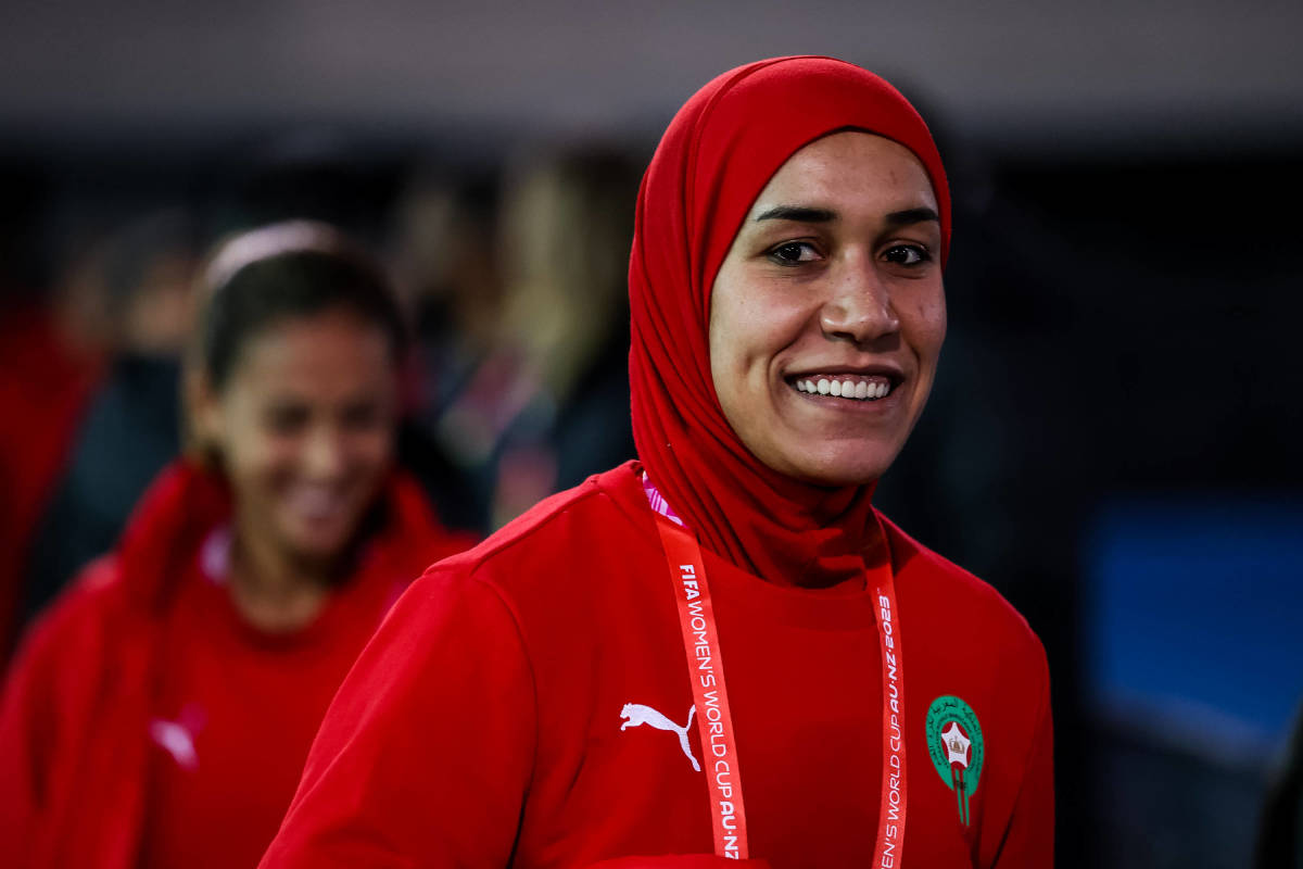 Morocco defender Nouhaila Benzina pictured during a training session at the 2023 FIFA Women's World Cup