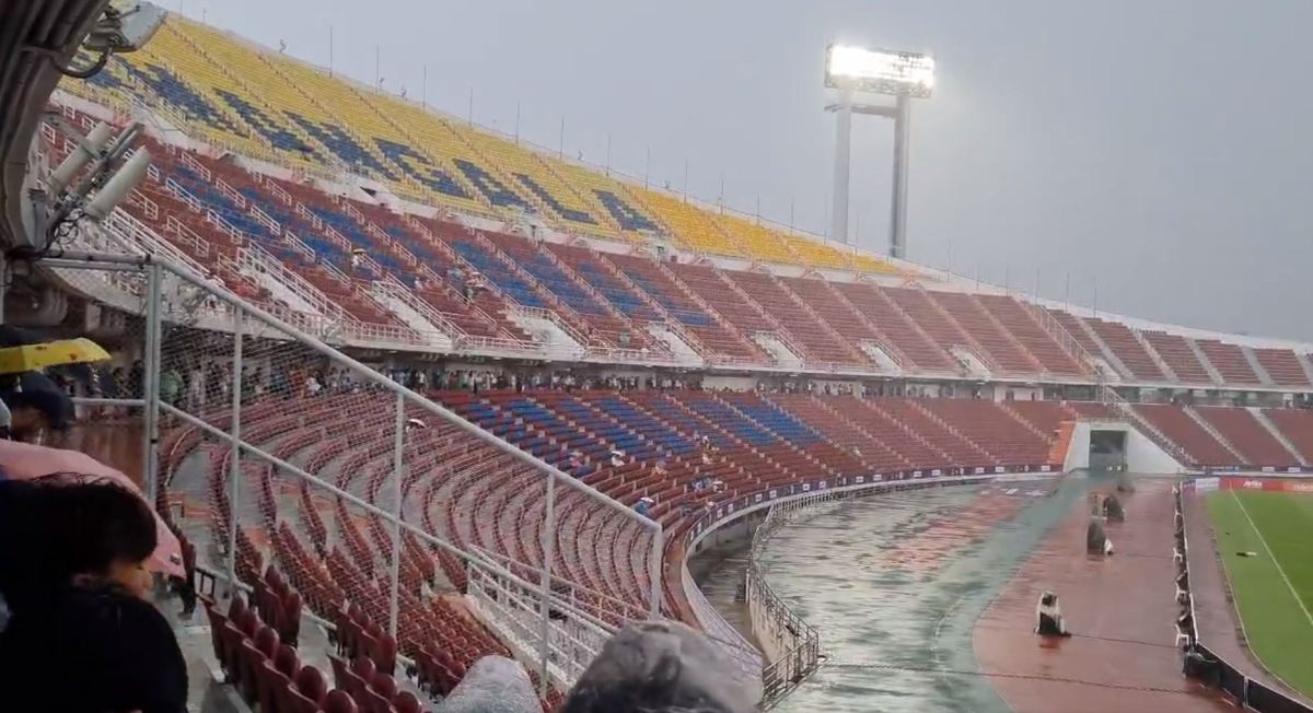An image from inside Thailand's Rajamangala National Stadium taken before a pre-season game between Leicester City and Tottenham was cancelled in July 2023 due to a waterlogged pitch