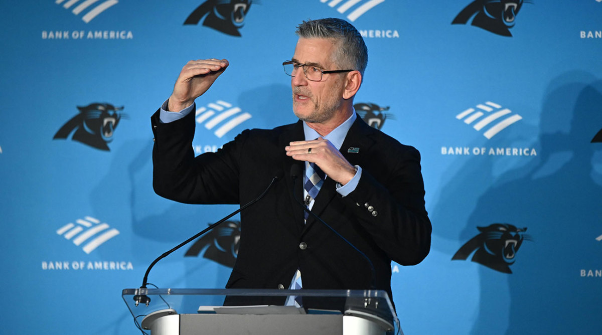 Panthers coach Frank Reich speaks at his introductory press conference.