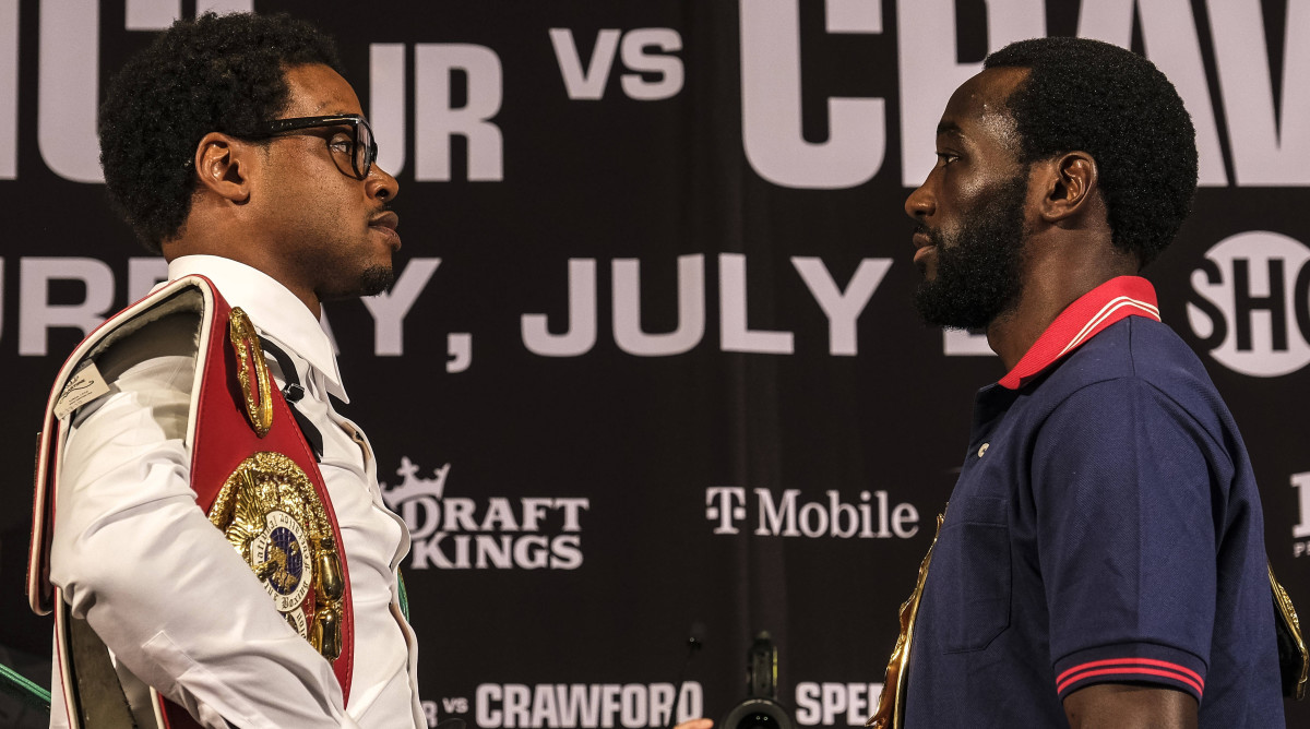 Errol Spence Jr. and Terence Crawford face each other at the press conference ahead of their fight to determine the undisputed welterweight champion.
