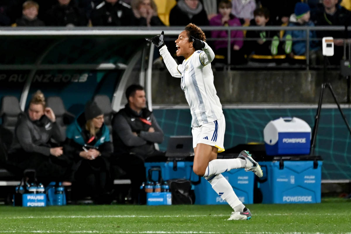 Philippines forward Sarina Bolden pictured celebrating after scoring her nation's first ever FIFA World Cup goal in a 1-0 win over New Zealand at the 2023 Women's World Cup