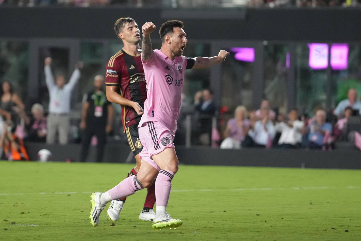 Lionel Messi pictured celebrating after assisting Inter Miami teammate Robert Taylor for a goal during a 4-0 win over Atlanta in July 2023