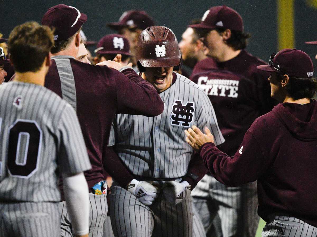 Mississippi State's Hunter Hines (44) celebrating with teammates after hitting a home run to tie the game against Tennessee in their NCAA baseball game in Knoxville, Tenn. on Thursday, April 27, 2023. Ut Baseball Miss St