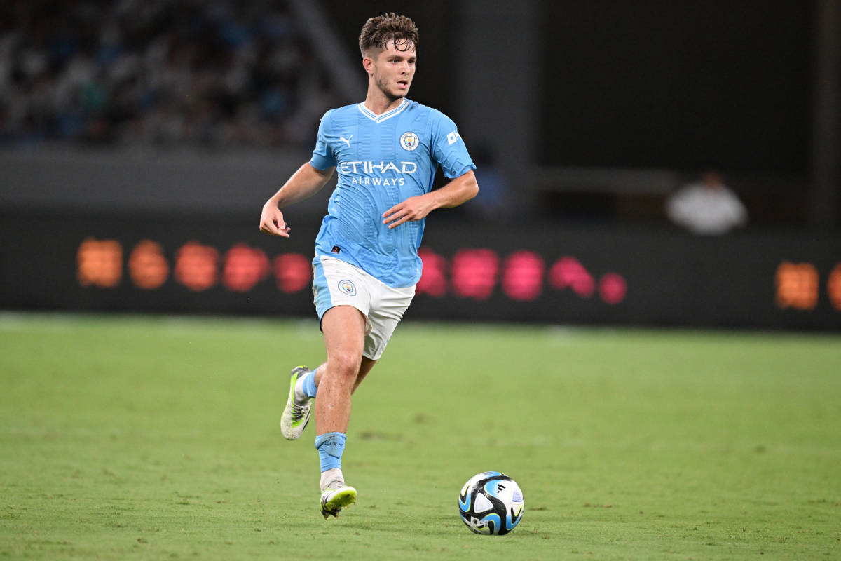 James McAtee pictured playing for Manchester City in a pre-season friendly in July 2023