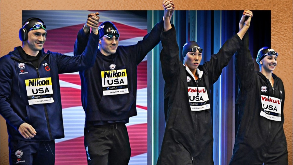 Ryan Murphy, Nic Fink, Torri Huske, and Kate Douglass earn bronze in the 4x100 medley relay at the 2023 FINA World Aquatics Championships in Fukuoka, Japan.