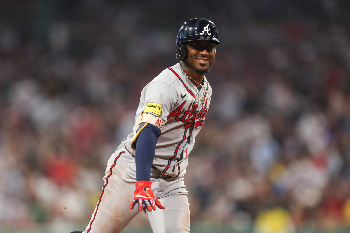 Jul 26, 2023; Boston, Massachusetts, USA; Atlanta Braves second baseman Ozzie Albies (1) celebrates after hitting a home run during the sixth inning against the Boston Red Sox at Fenway Park. Mandatory Credit: Paul Rutherford-USA TODAY Sports