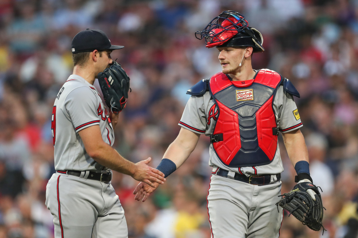 Jul 26, 2023; Boston, Massachusetts, USA; Atlanta Braves starting pitcher Spencer Strider (99) and Atlanta Braves catcher Sean Murphy (12) react during the third inning against the Boston Red Sox at Fenway Park. Mandatory Credit: Paul Rutherford-USA TODAY Sports