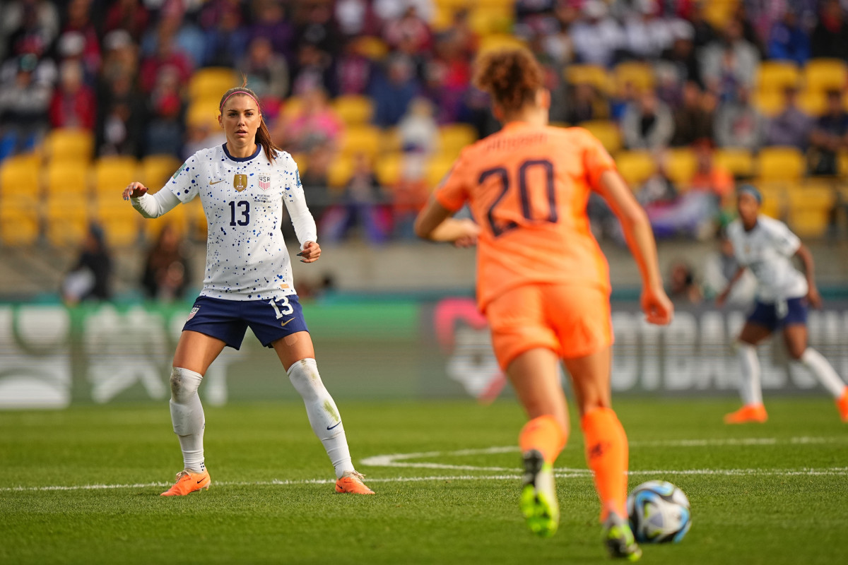 USWNT forward Alex Morgan faces off with a Dutch player during the Women’s World Cup.
