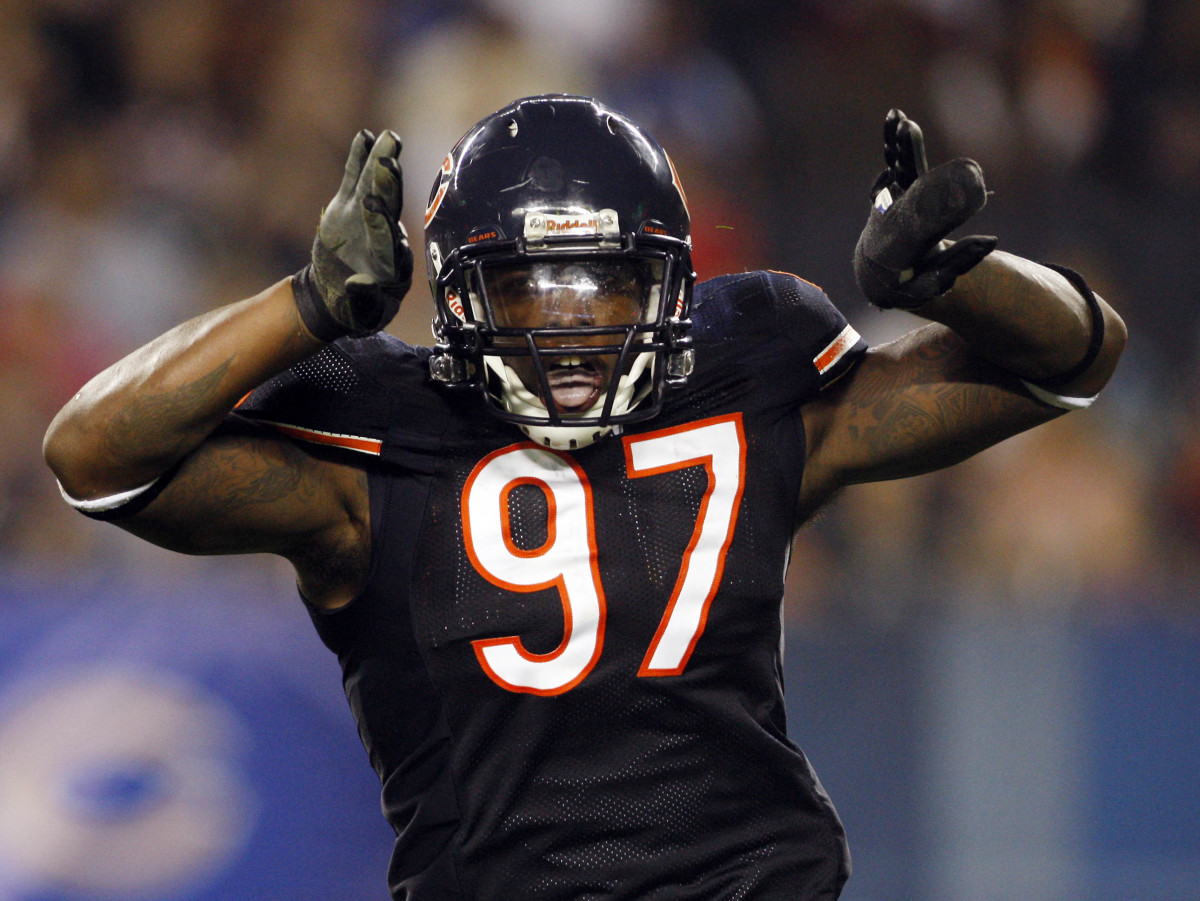 Chicago Bears defensive end Mark Anderson celebrates after a sack during the third quarter of a 2010 preseason game against the Oakland Raiders at Soldier Field.